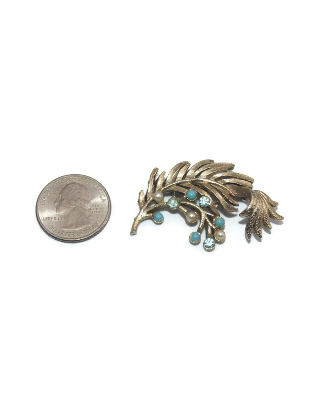 VTG Gold Tone Leaf Branch Brooch, Blue Rhinestones, Blue Pearls, White Pearls.